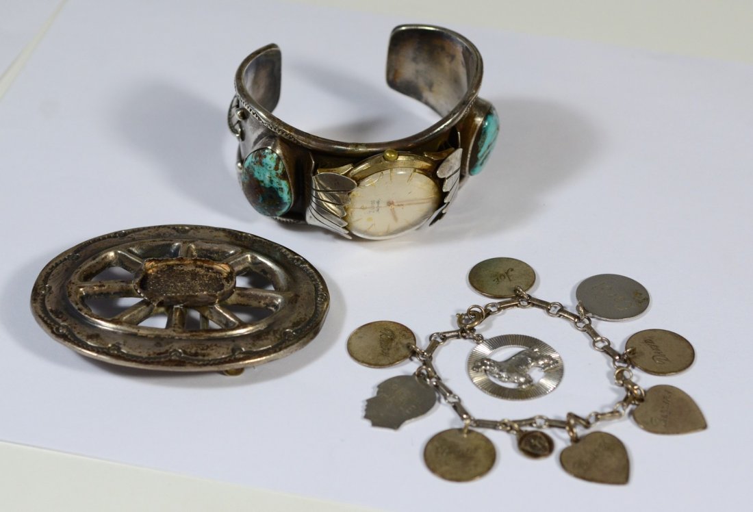 Mans silver cuff bracelet with 2 large turquoise and a (1 of 6)