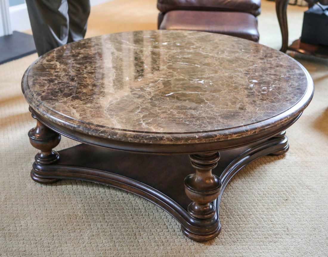 Round marble top coffee table, platform base, 52" dia (1 of 1)