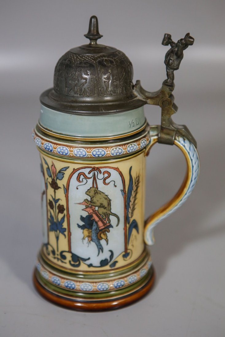 Mettlach stein #1521, 1/2 liter, 3 etched panels, cat,: Mettlach stein #1521, 1/2 liter, 3 etched panels, cat, child, monkey,, pewter domed lid, no damage or staining