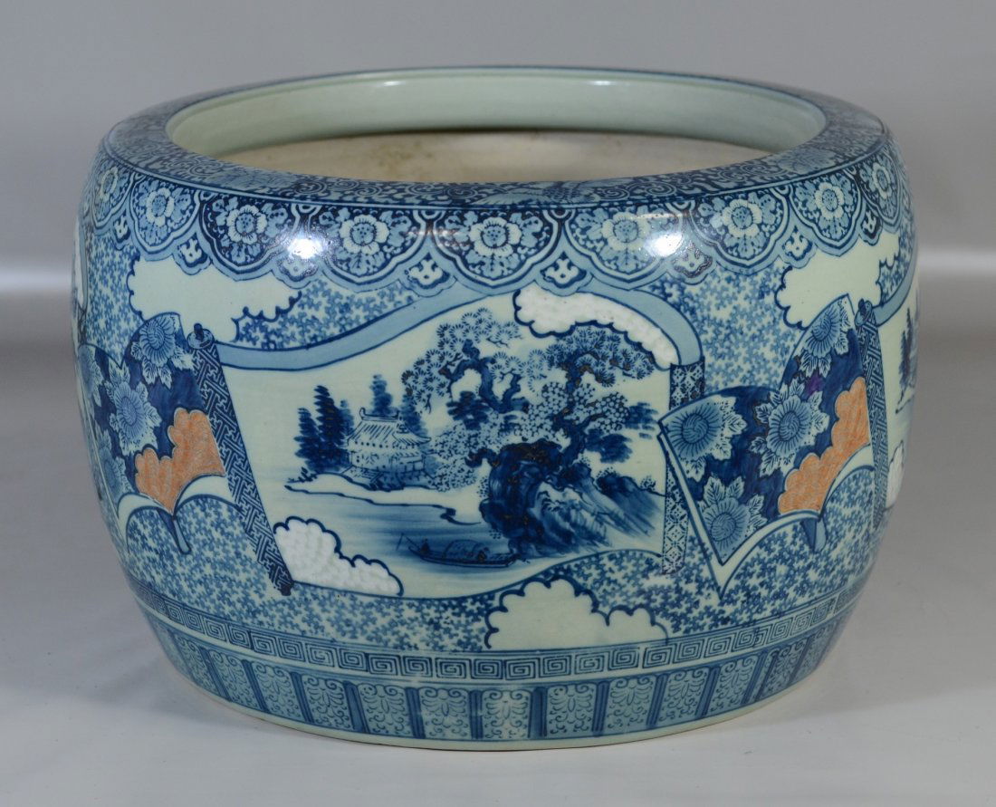 Large Japanese blue & white cache pot, terra cotta (1 of 5)