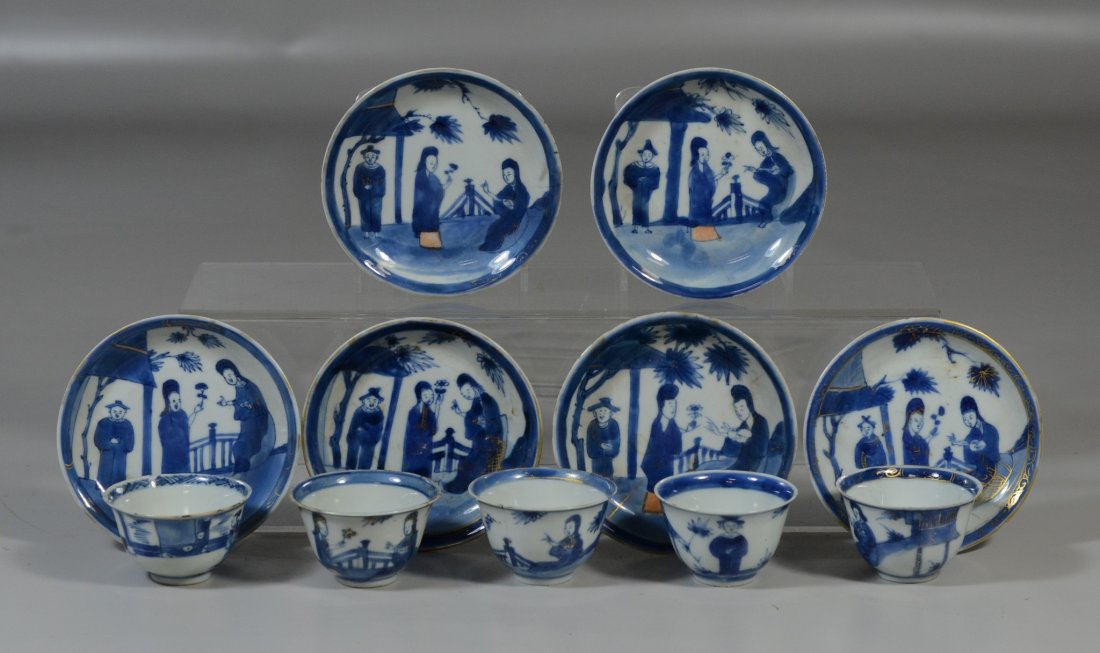 (11) Pieces early Chinese blue & white porcelain,: (11) Pieces early Chinese blue & white porcelain, traces of original gilding, to include (6) saucers (one with chip to rim, some with frits) & (5) cups (not all matching, one with badly chipped rim, o
