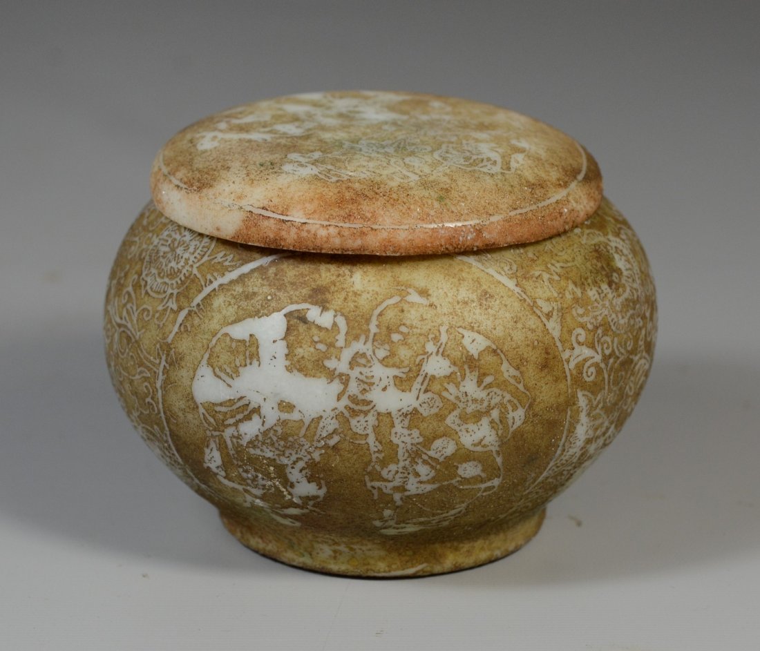 Asian carved & painted stone box, 3-1/4" h x 4" dia (1 of 5)