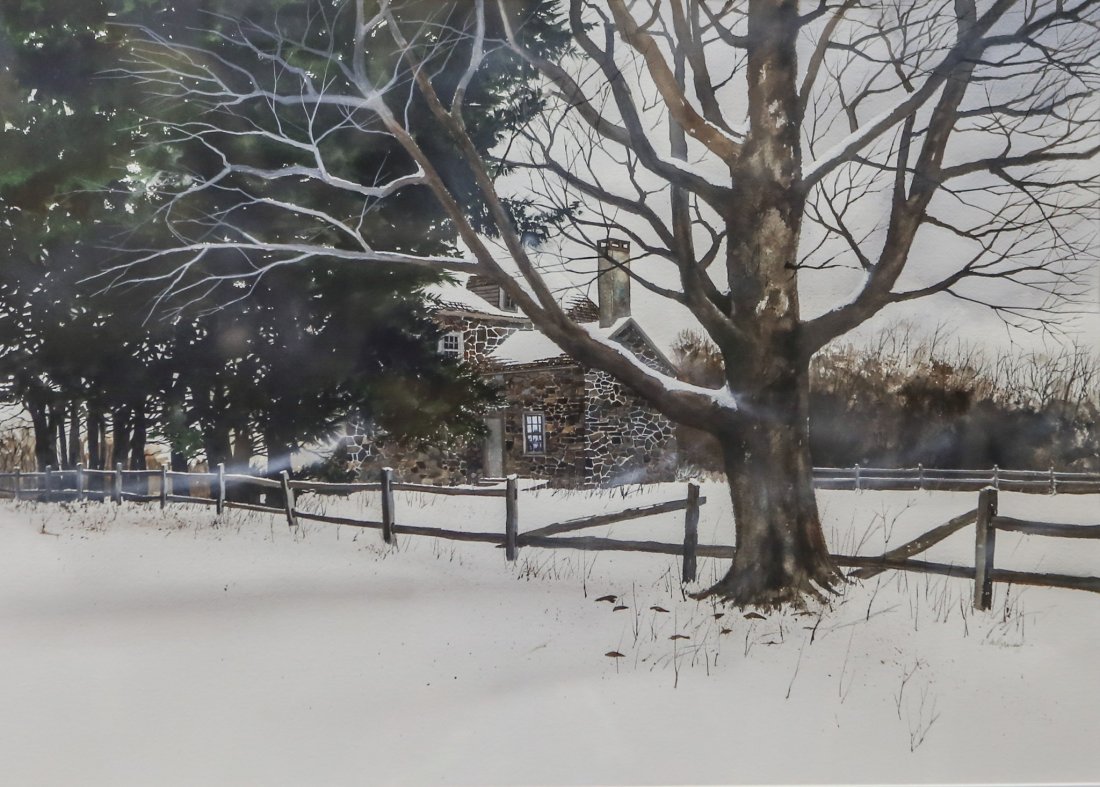 C Phillip Wikoff (American, PA/DE, 20th Century),: C Phillip Wikoff (American, PA/DE, 20th Century), watercolor, Beyond the Grove, signed lower right, 20" x 28" sight, 31-3/8" x 39-1/2" overall