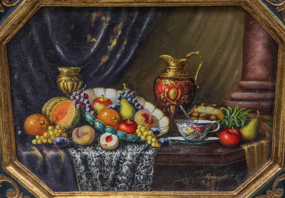 Johan K Reinprecht (Hungarian, b 1903), oil on panel,: Johan K Reinprecht (Hungarian, b 1903), oil on panel, Still Life with Fruit and Serving ware, signed lower right, 7" x 9-1/4" sight, x 12-1/2" overall