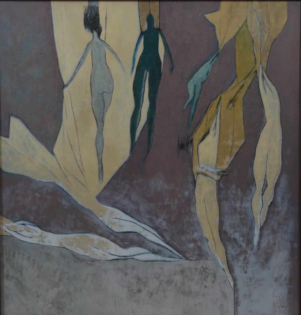 Julio Da Cunha (Colombian/American, DE, b 1929), oil on: Julio Da Cunha (Colombian/American, DE, b 1929), oil on board, "Visitation 5", signed and dated '63 lower left, extensive craquelure and flaking, 31-1/2" x 29-3/4" sight, 33-1/4" x 31-1/2" overall, 19