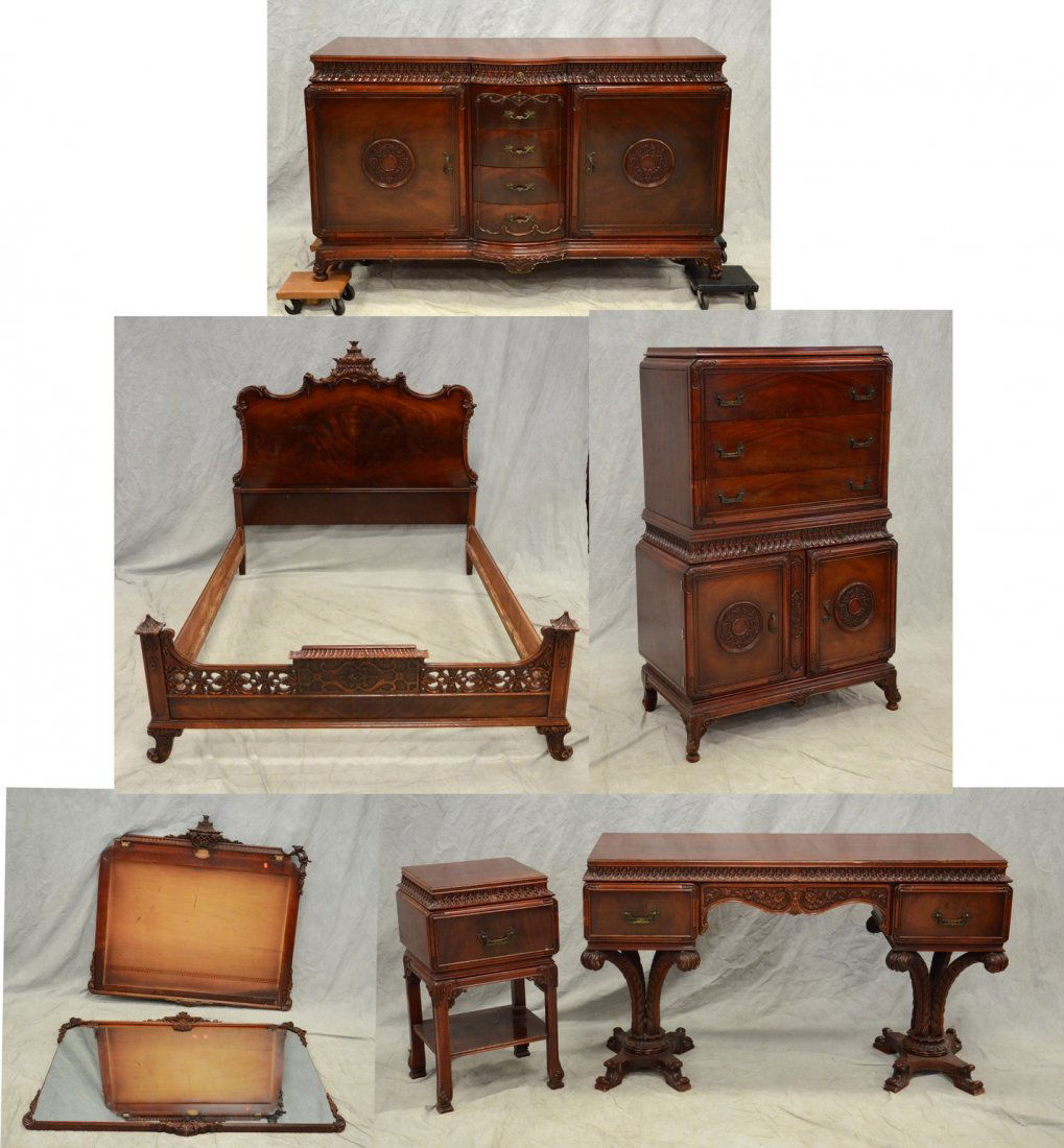 7 pc carved mahogany French style bedroom suite (1 of 8)