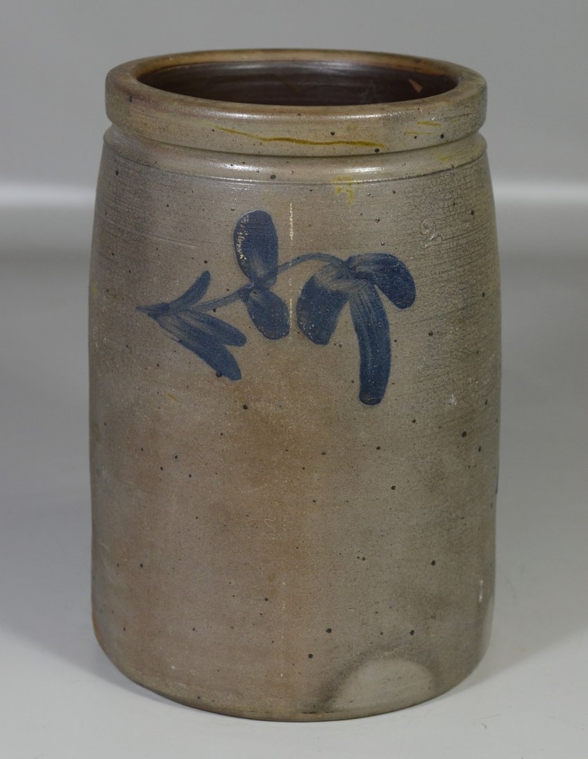 Blue decorated stoneware crock, crack, 12-1/4" h x (1 of 6)