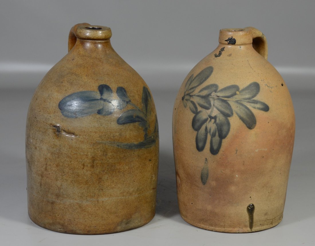 (2) Blue decorated stoneware jugs, staining on both, (1 of 8)