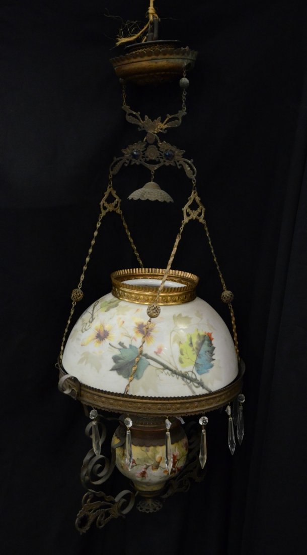 Victorian hanging lamp, milk glass painted shade, cut (1 of 1)