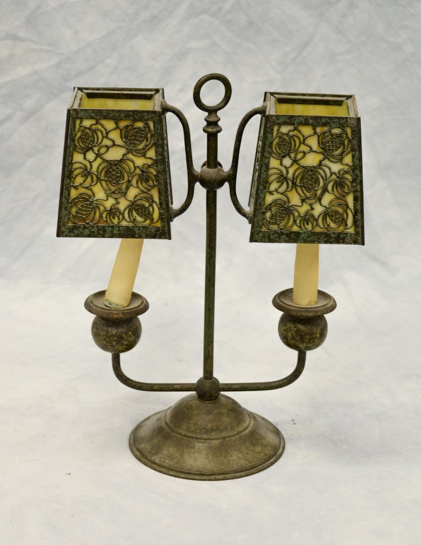 Bronze patinated Bradley & Hubbard double candle lamp, (1 of 4)