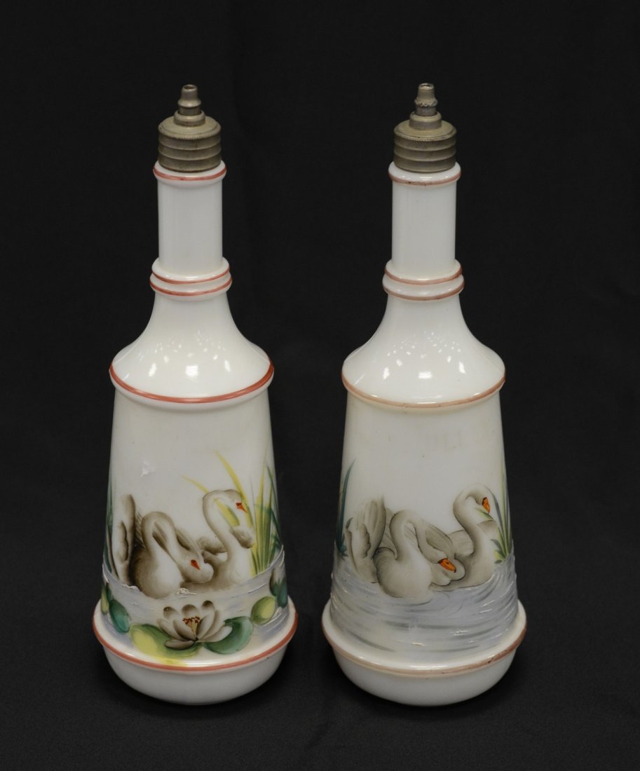 Pair of milk glass barber bottles with hand painted (1 of 2)