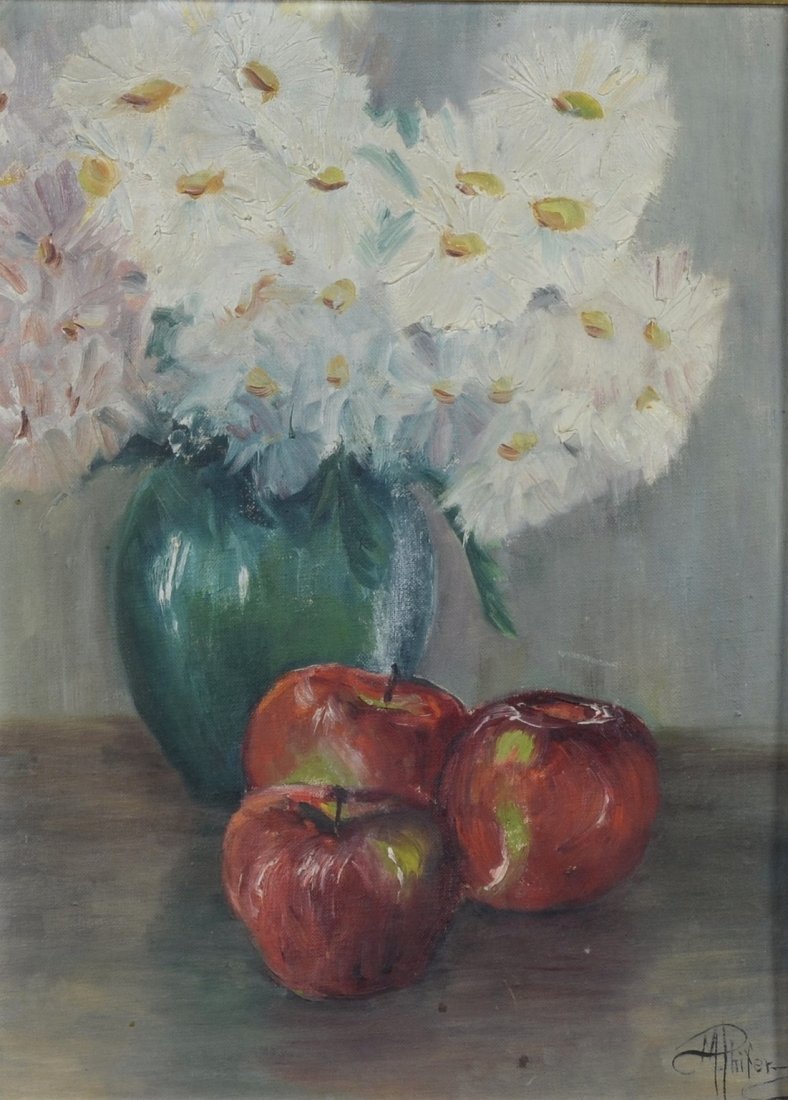 Matilda Phifer (American, 20th Century), oil on board,: Matilda Phifer (American, 20th Century), oil on board, "Trois Pommes", signed lower right, 16" x 12" board, 23" x 19" overall