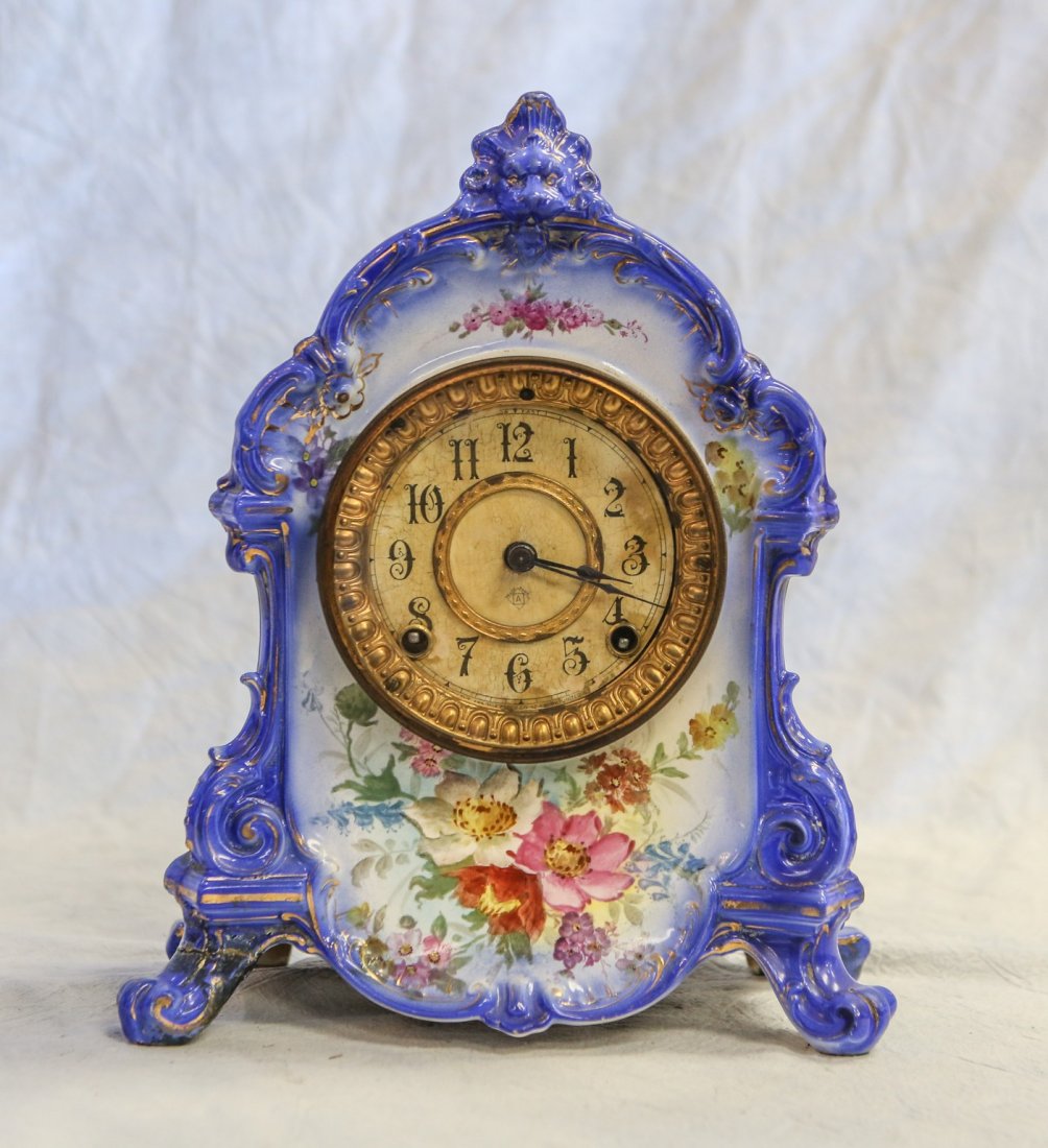 Ansonia china case clock, Royal Bonn case, blue floral (1 of 5)