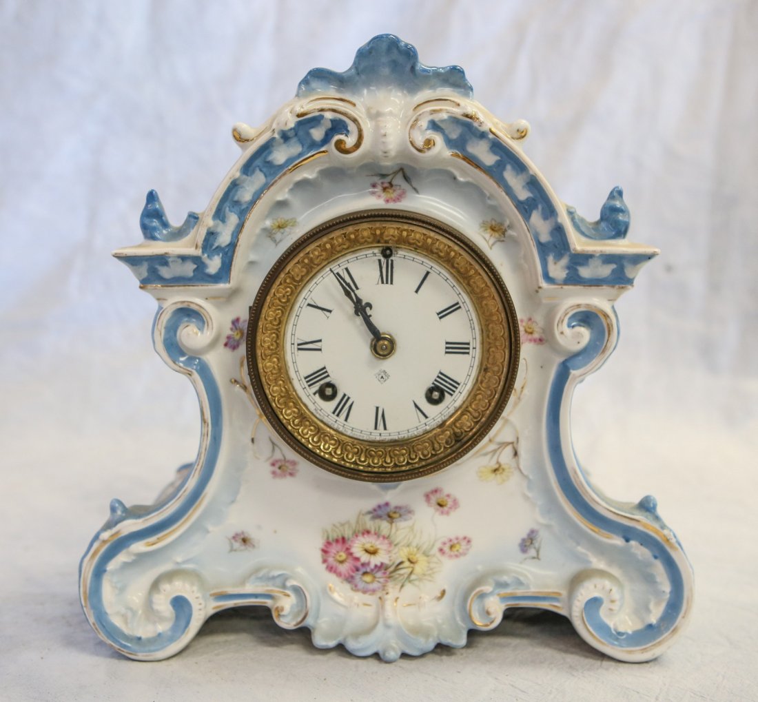 Ansonia china case clock, blue floral decoration, case (1 of 6)