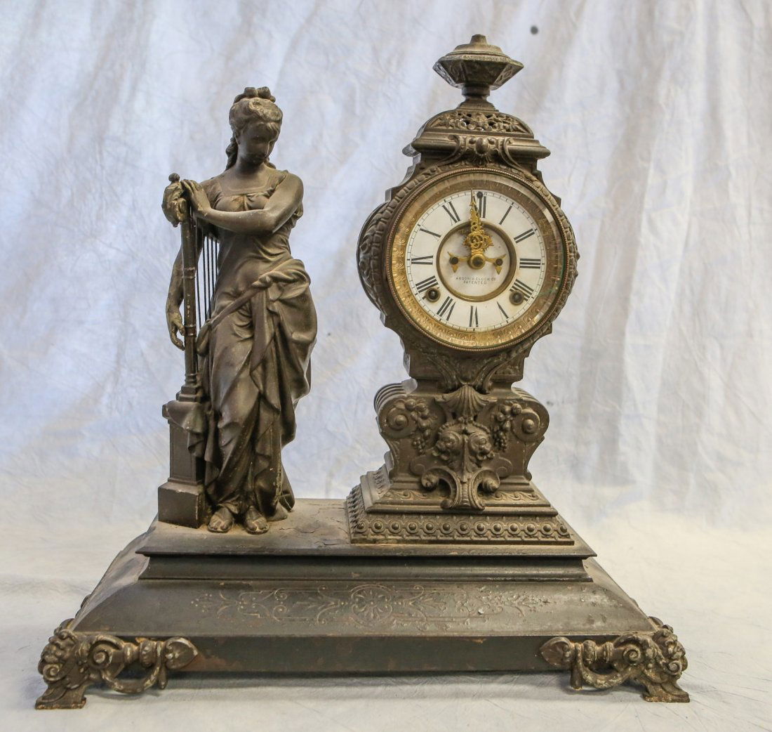 Ansonia white metal figural mantle clock, porcelain (1 of 6)