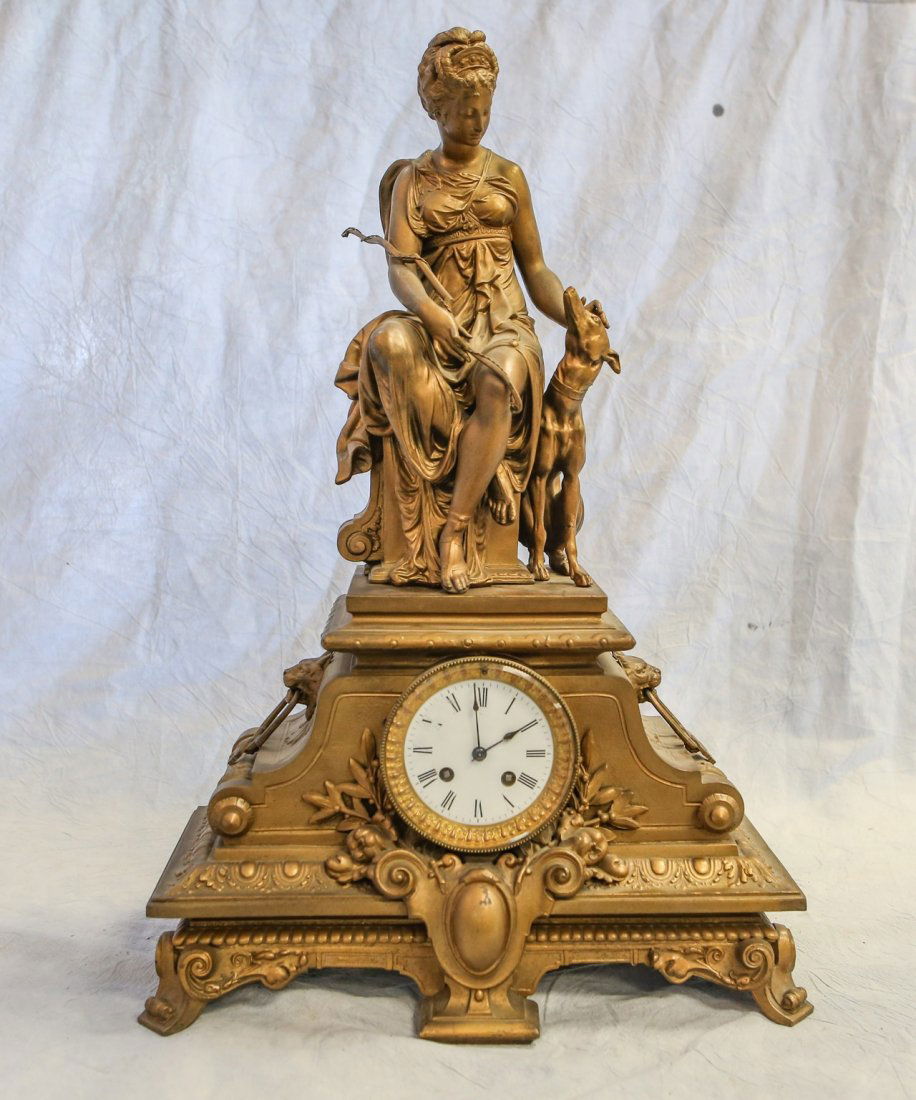 French figural white metal mantle clock, porcelain (1 of 7)