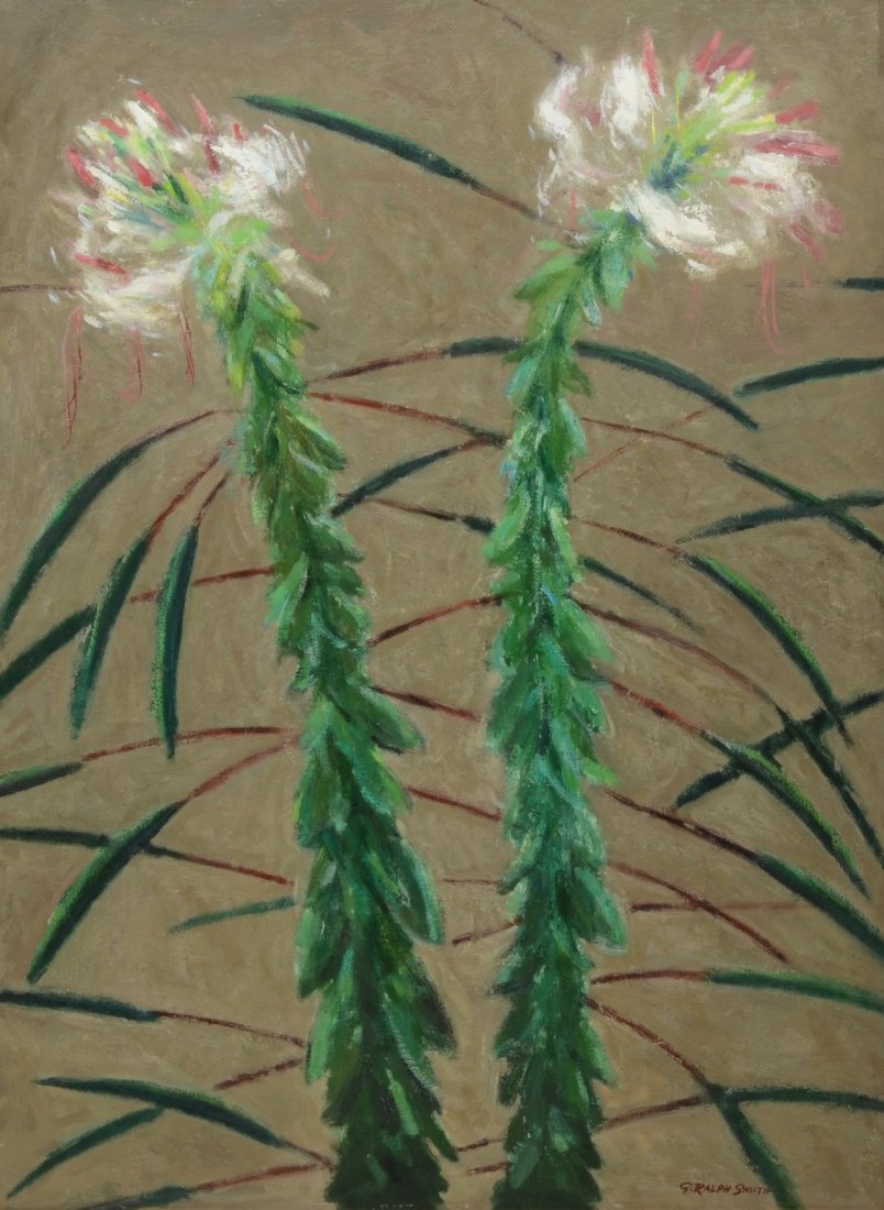 G Ralph Smith (American, PA, 1907-2007), oil on: G Ralph Smith (American, PA, 1907-2007), oil on Masonite, Two Flowers, signed lower right, 24" x 18" board, 27" x 21" overall