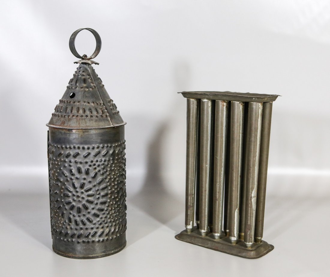Pierced tin hanging candle lantern, conical top, with a (1 of 2)