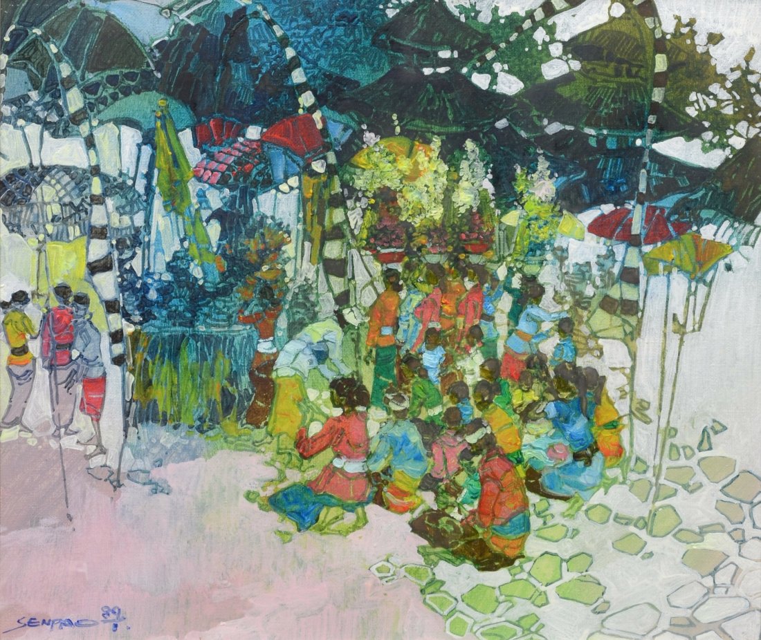 Sen Pao (Indonesian, b 1949), acrylic on canvas,: Sen Pao (Indonesian, b 1949), acrylic on canvas, Outdoor Gathering, signed and dated '89 lower right, 12-1/4" x 14-1/2" sight, 24" x 20-1/2" overall, Not examined out of frame. Minor rippling to cente