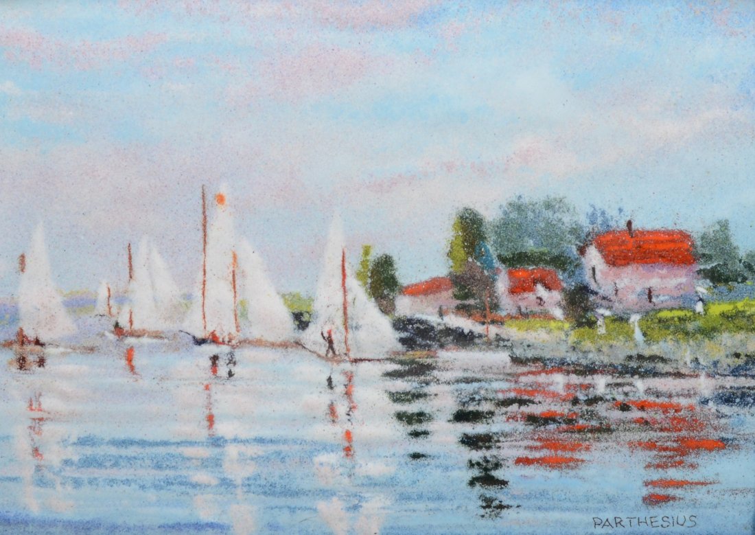 Charles Parthesius (American, 1899-1997), enamel on: Charles Parthesius (American, 1899-1997), enamel on copper, Sail Boats on the Lake, signed lower right, 6" x 8" plaque, 12-1/2" x 14-1/2" overall