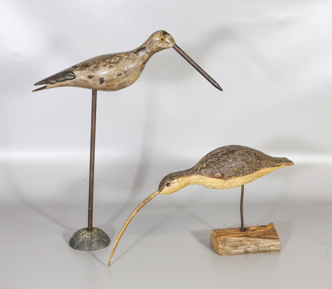 (2) Carved & painted shore birds, one signed RAM, 14" l (1 of 2)