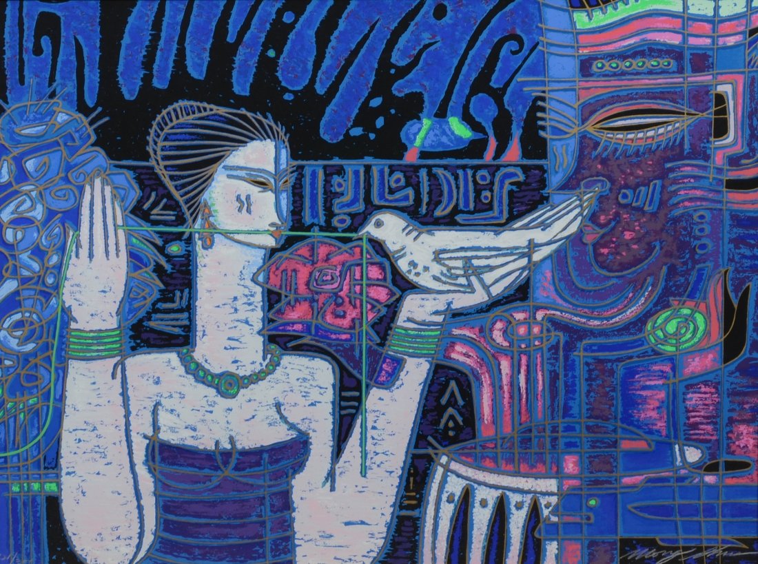 Adrian Wong-Shue (Jamaican, 20th Century), serigraph,: Adrian Wong-Shue (Jamaican, 20th Century), serigraph, "Message in the Wind", signed lower right, 17-1/2" x 23-1/2" sight, 30-3/4" x 37" overall