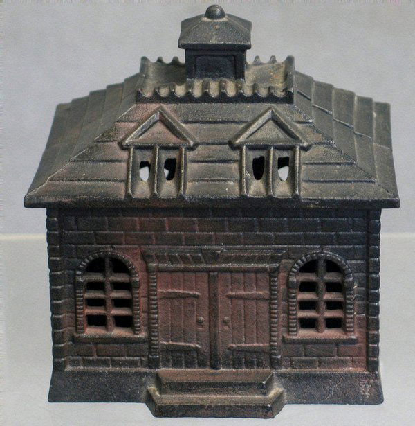 Cast iron John Wright double door building bank: Cast iron John Wright double door building bank ,1960's, 6" h, 5"w, 4" d