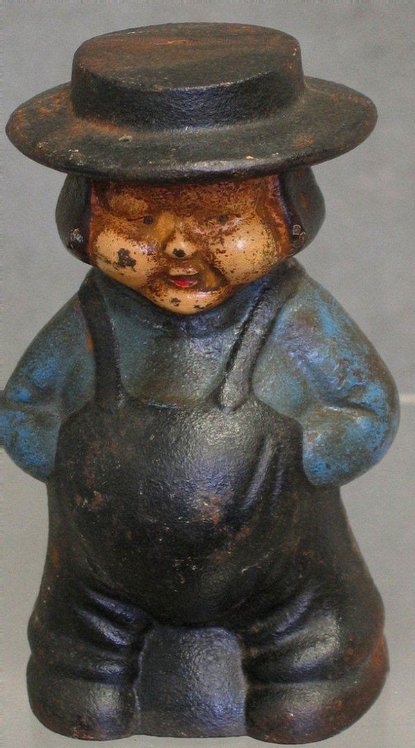 Cast Iron Amish Boy & Girl Banks: Cast Iron Amish Boy & Girl Banks by John Wright, circa 1970, about 5" tall, cast iron