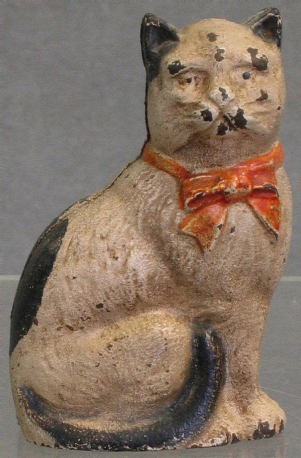 Cast Iron Cat with Bow, Seated Bank: Cast Iron Cat with Bow, Seated Bank, John Wright, US, 4-3/8" h, modern