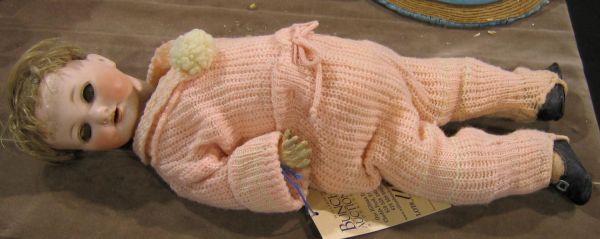 German baby made by Armand Marseille, marked Germ: German baby made by Armand Marseille, marked Germany / A. 985. M. / 2, blue glass sleep eyes need resetting, hair eyelashes above and painted eyelashes above and below, fine multistroke brows, accent