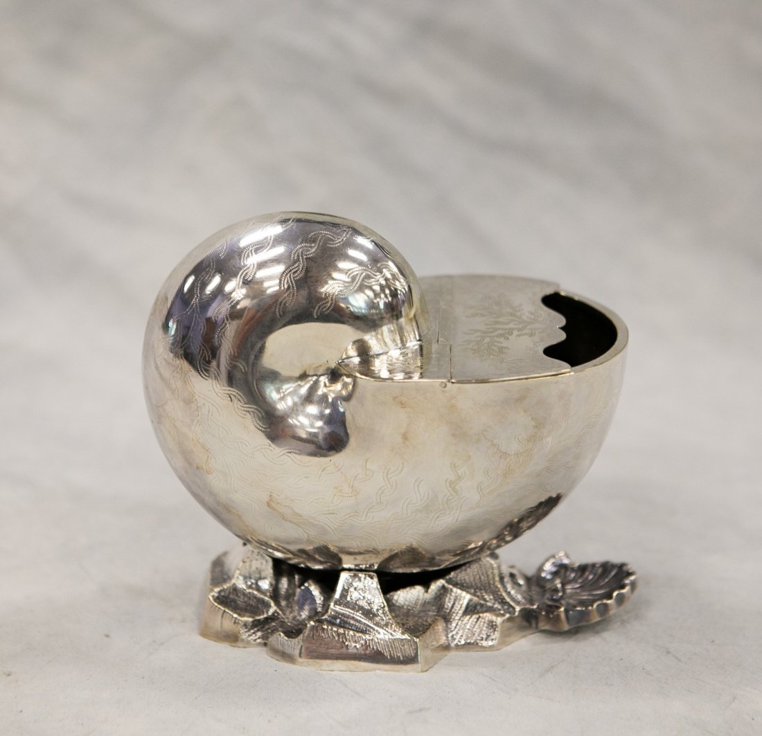 Plated silver nautilus shell condiment container, (1 of 5)
