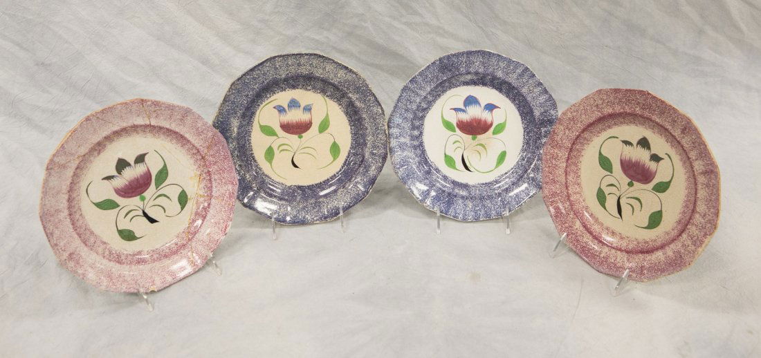 2 Blue spatterware tulip pattern plates, 9 1/4" d, with (1 of 4)
