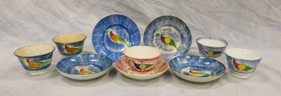 (5) Peafowl spatterware cups and saucers, (4) blue & (1 of 2)