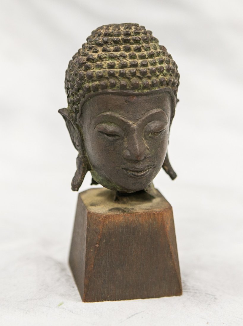 Bronze head of Buddha, 18th/19th C, 3 1/2" h (1 of 2)