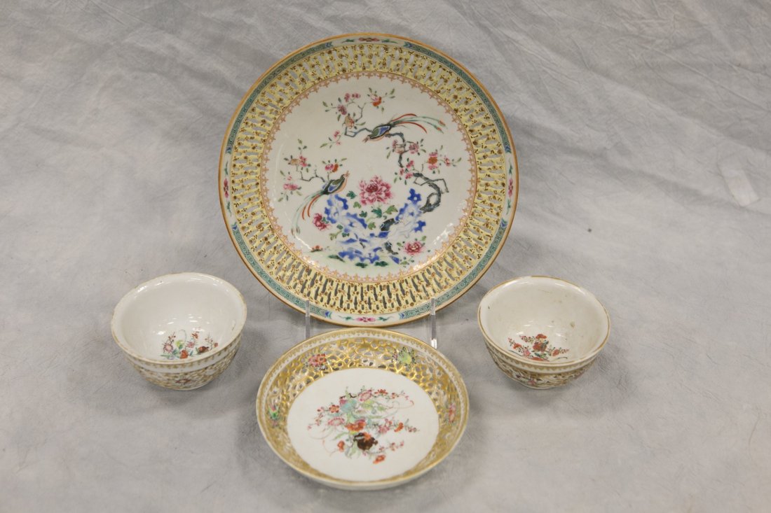 (4) Pieces Chinese Famille Rose reticulated porcelain, (1 of 3)