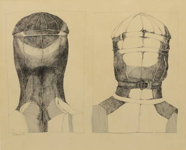 Nancy Grossman (American, b 1940) ink on paper, Two: Nancy Grossman (American, b 1940) ink on paper, Two Heads, signed and dated '68 lower left, 12-1/4" x 14-1/2" overall, Cordier & Ekstorm (New York) gallery label on verso , Property from the Estate of