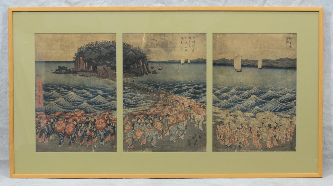 Ando Hiroshige (Japanese, 1797-1858), color woodblock,: Ando Hiroshige (Japanese, 1797-1858), color woodblock, Opening Ceremony at Benzaiten Shrine, 13-3/4" x 9 13/4" (each), 20" x 36-3/4" overall , Property from the Estate of Daniel Dietrich, II