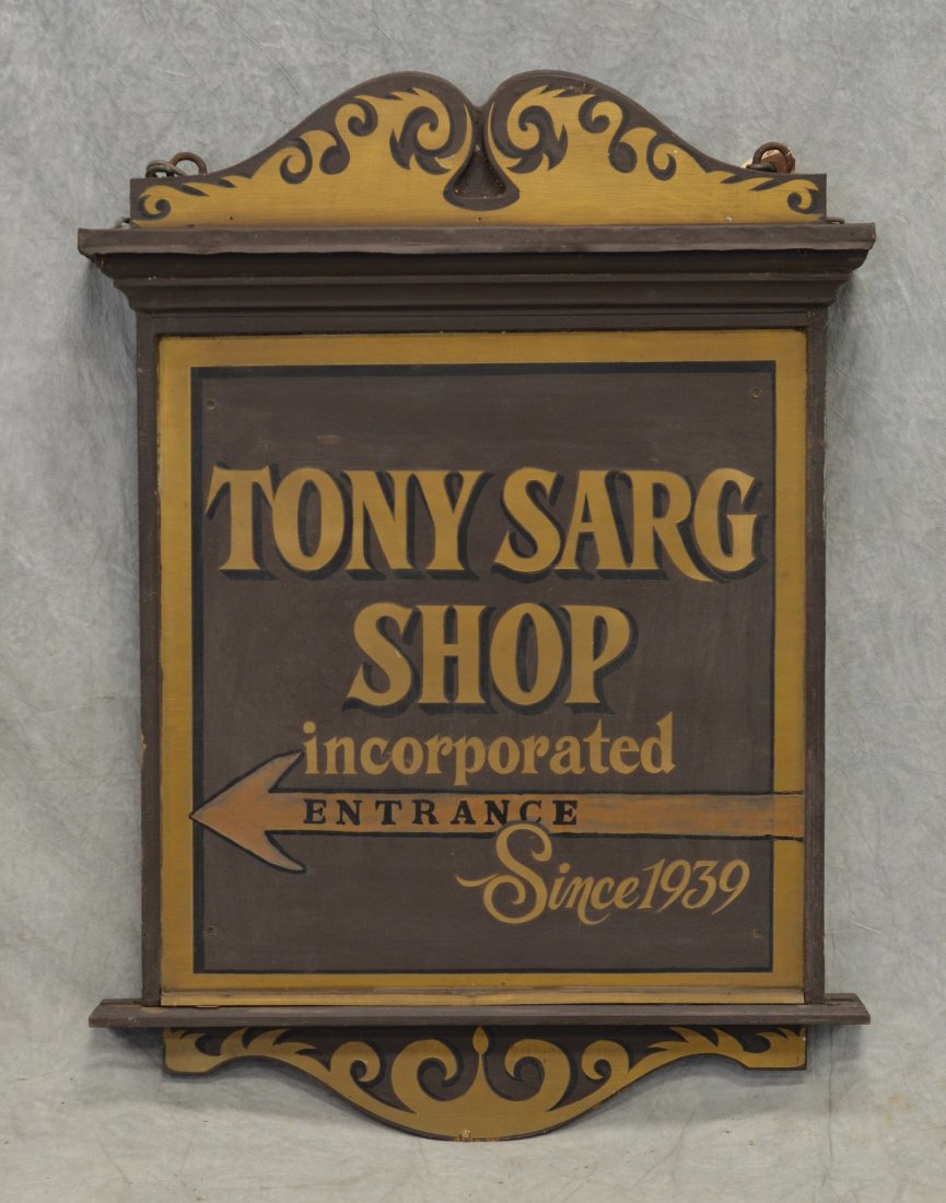 Double sided painted wood trade sign, "Tony Sarg Shop / (1 of 2)