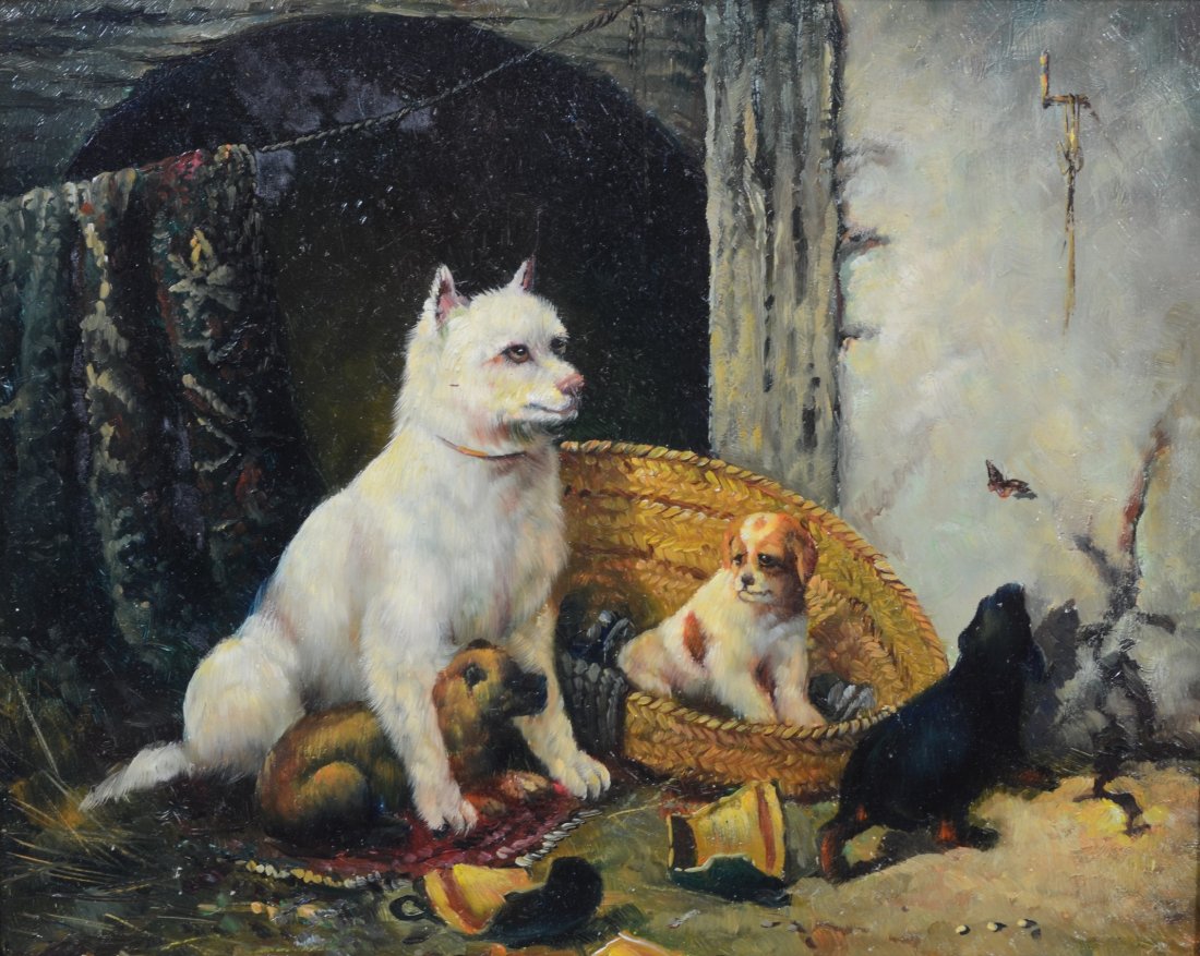 British School (19th Century), oil on wood panel, Dog: British School (19th Century), oil on wood panel, Dog and Puppies, 7-1/2" x 9-1/2" sight, 11" x 12-1/2" overall, in old, if not original, lemon gilt frame