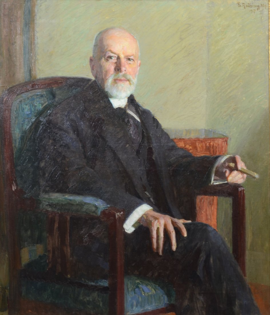 Fritz Reusing (German, 1874-1957), oil on canvas,: Fritz Reusing (German, 1874-1957), oil on canvas, Portrait of Seated Gentleman with Cigar, signed and dated 1917 upper right, 42-3/4" x 37" canvas, 51-1/2" x 46" overall, old repair to upper center vi