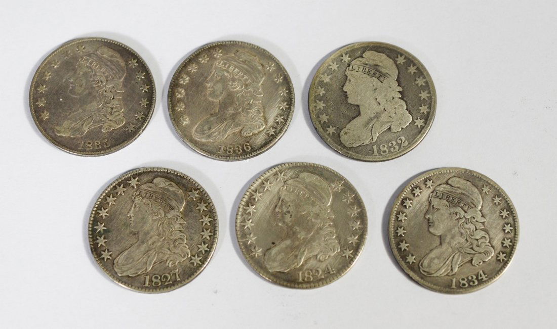 (6) Capped Bust silver half dollars, 1824, 1827, 1832, (1 of 1)