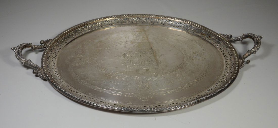 Ornate oval pierced  border plated silver serving tray, (1 of 3)