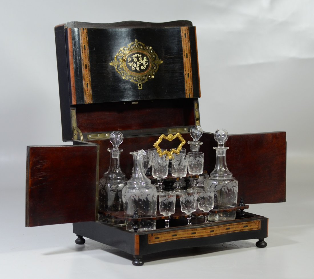 French tantalus set, boulle style inlay, mother of (1 of 7)