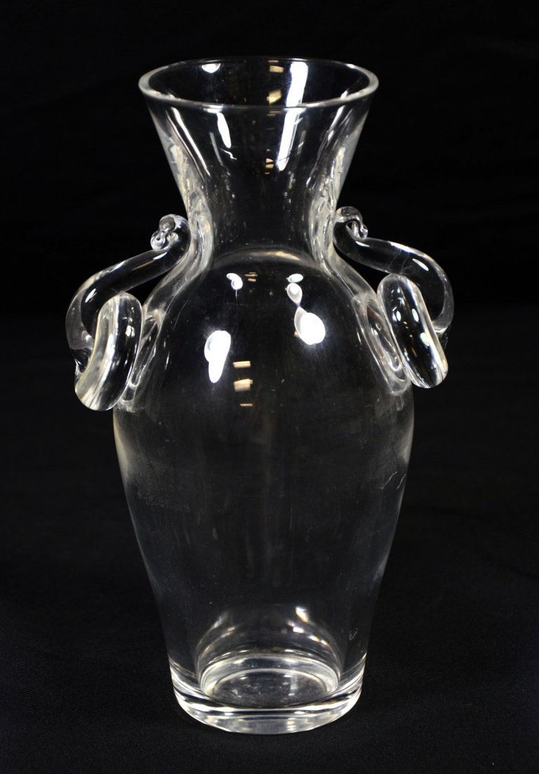 Steuben crystal vase, applied loop and ring handles, (1 of 3)