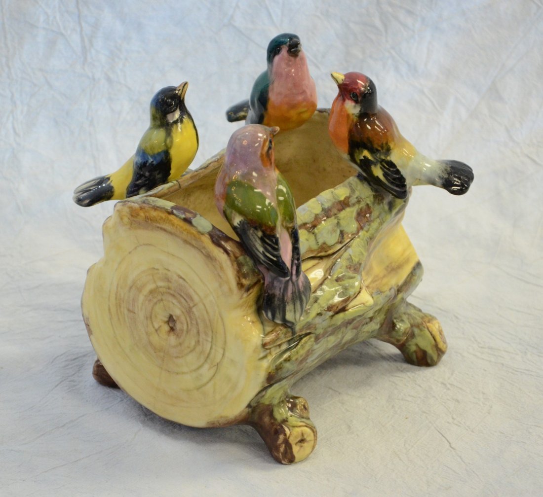 Jerome Massier, Vallauris, majolica log planter with 4: Jerome Massier, Vallauris, majolica log planter with 4 song birds perched, c 1860-80's, 7" long, 7-1/4" high, no damage noted