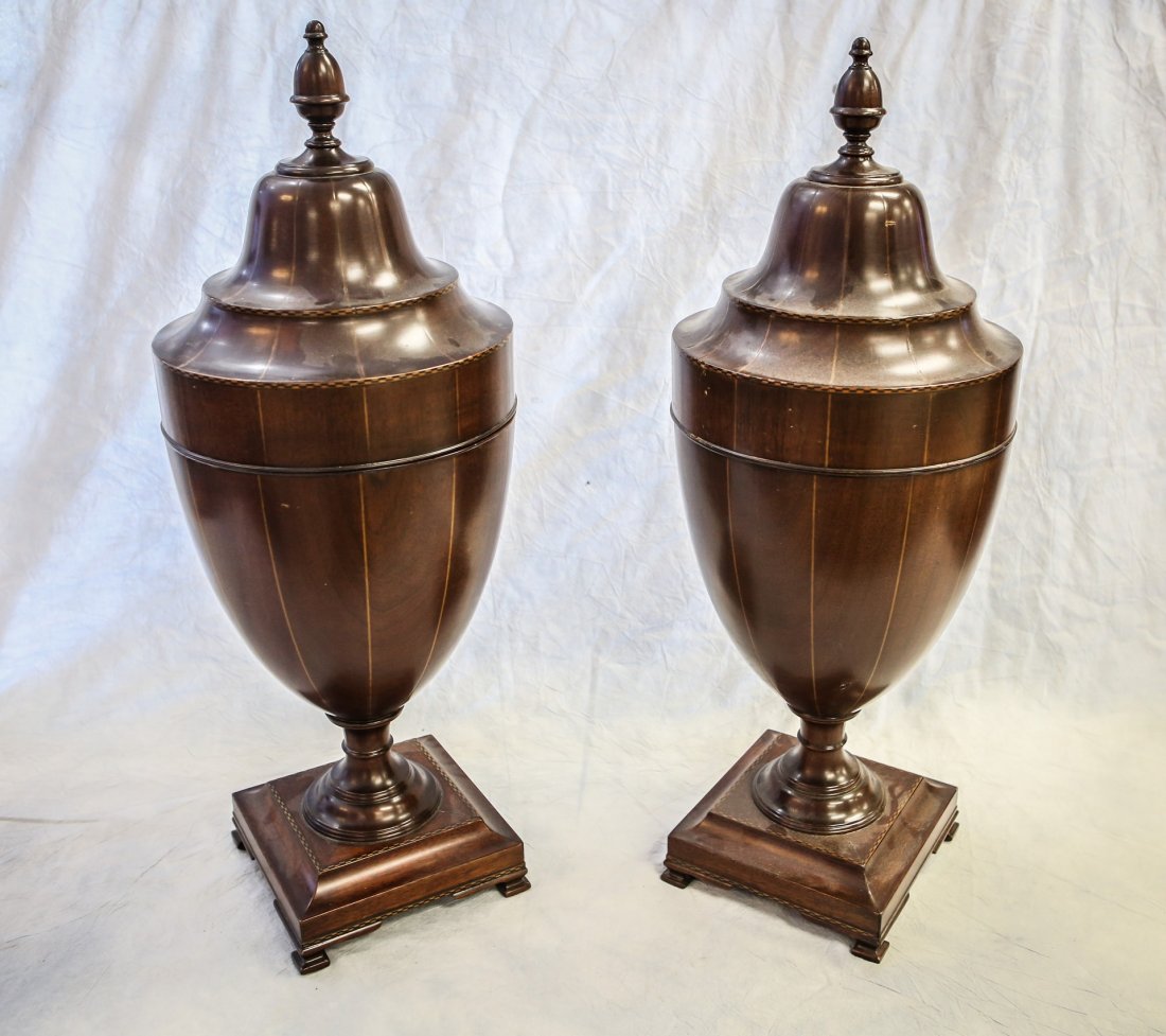 Pr inlaid mahogany knife urns, metal inserts with: Pr inlaid mahogany knife urns, metal inserts with cutouts for flatware, one lid with damage, 20th c, 28" h