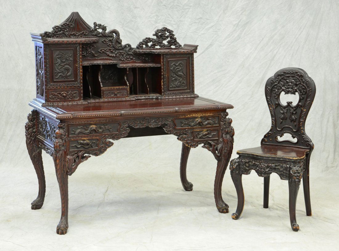 Asian dragon carved desk and chair,  48" w, 54" h, c (1 of 3)