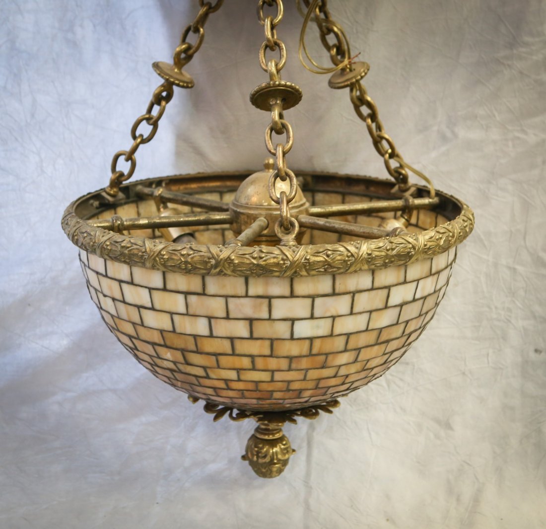 Caramel slag glass geometric leaded dome shaped hanging (1 of 2)