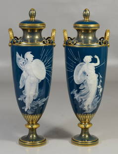 Pair of Mintons Louis Solon Decorated Pate-sur-Pate: Pair of Mintons Louis Solon Decorated Pate-sur-Pate Vases and Covers, England, late 19th century, each with gilded wreath-form handles adorned with ribbons, gold fish scale borders to neck and socle,