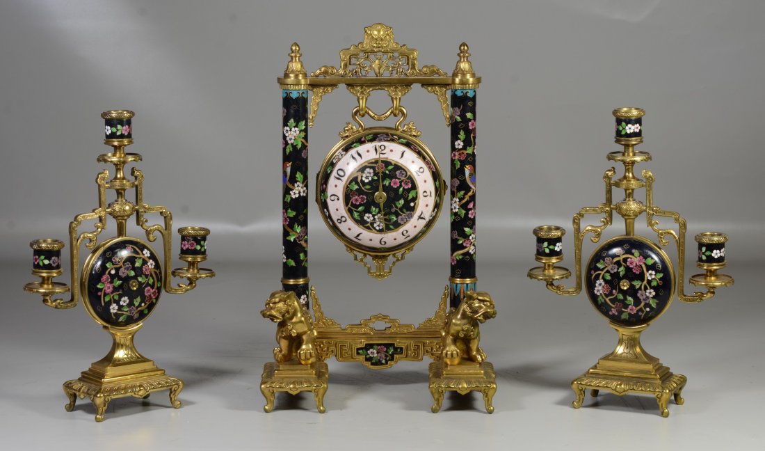 3 pc French bronze and cloisonne Japy Freres Chinese (1 of 5)